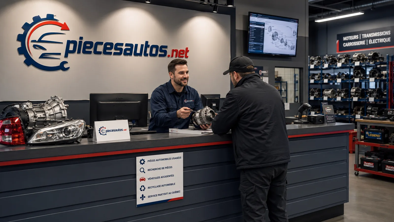 Conseiller au comptoir présentant une pièce d'auto à un client, écran de diagnostic à l'appui