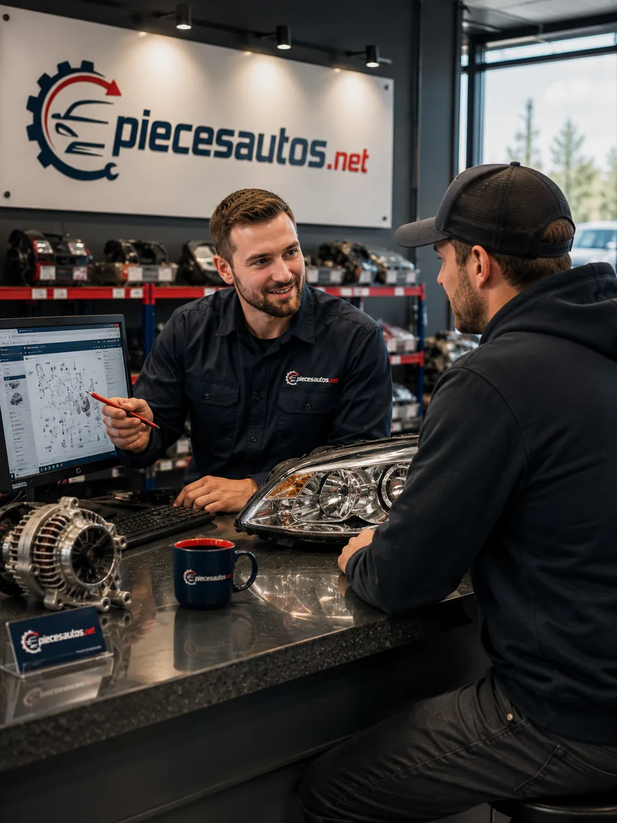Conseiller remettant une pièce d'auto à un client au comptoir